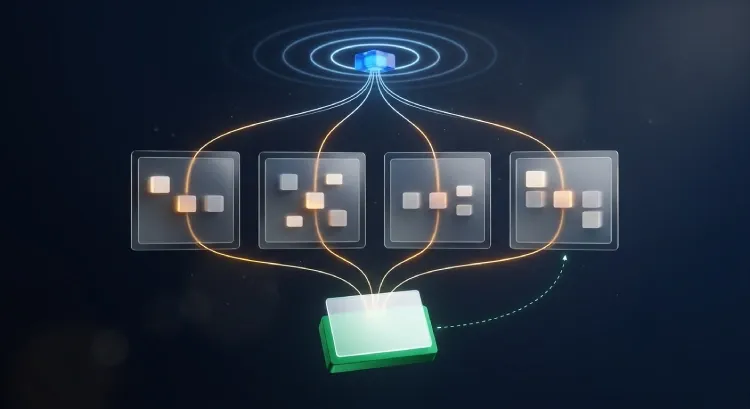Eine technische Änderung breitet sich über vier Systeme aus und wird vor der Entscheidung an einer Stelle zusammengeführt