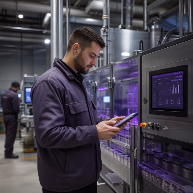 Production worker operating a machine via a tablet with a live dashboard