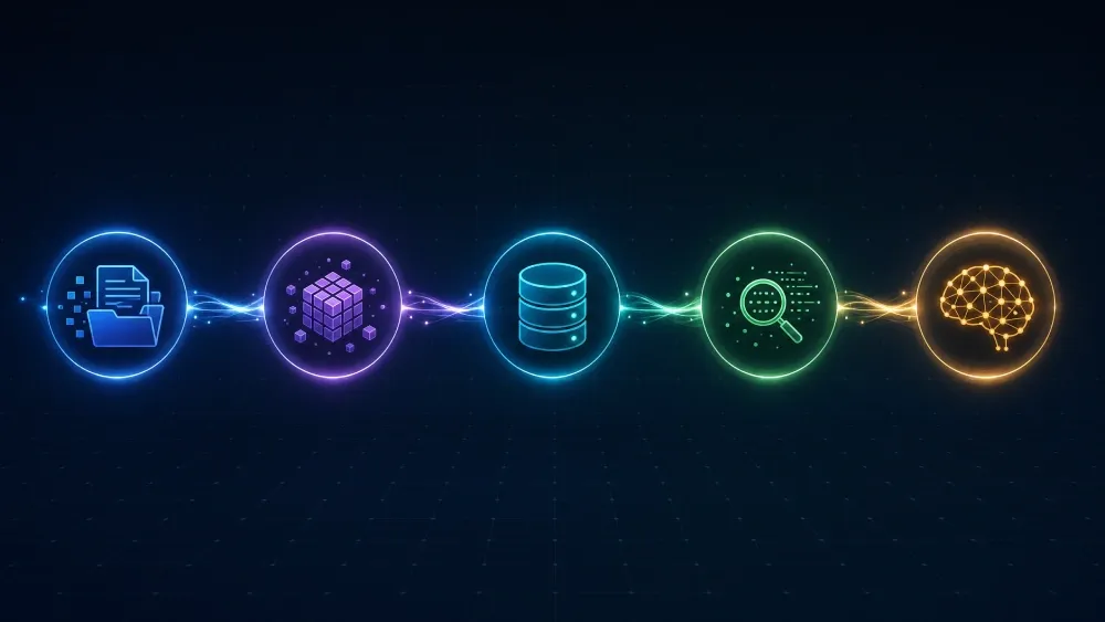 Fünfstufiger RAG-Workflow: Dokumente, Embeddings, Vektordatenbank, Retriever, Generator