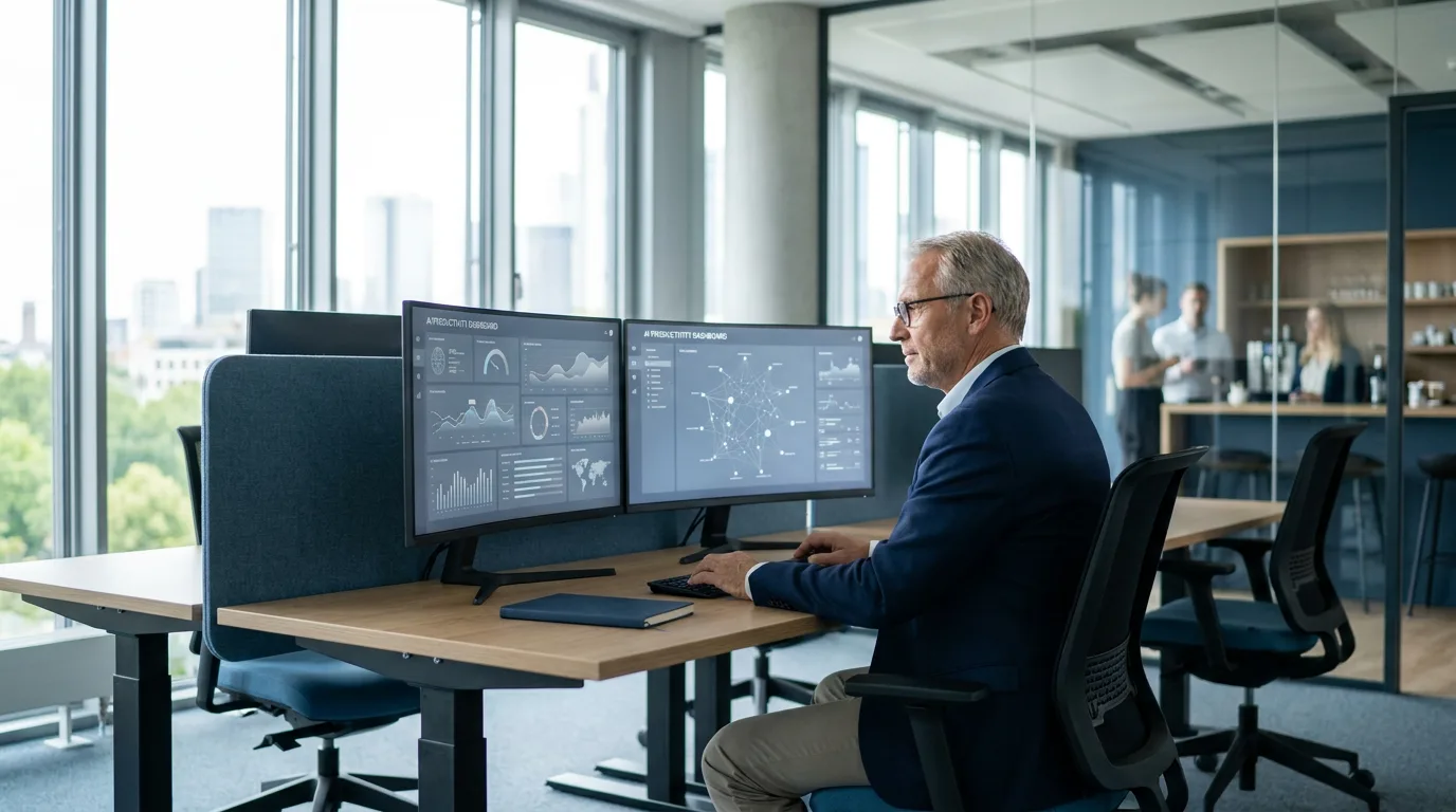 Manager im Mittelstand arbeitet mit KI-gestütztem Produktivitäts-Dashboard – LYN Intelligence