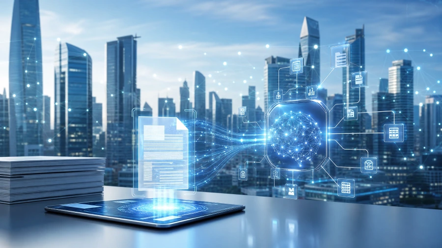 Dokument wird als Vektor-Stream in eine KI-Architektur mit Wissensbasis eingespeist – Retrieval-Augmented Generation