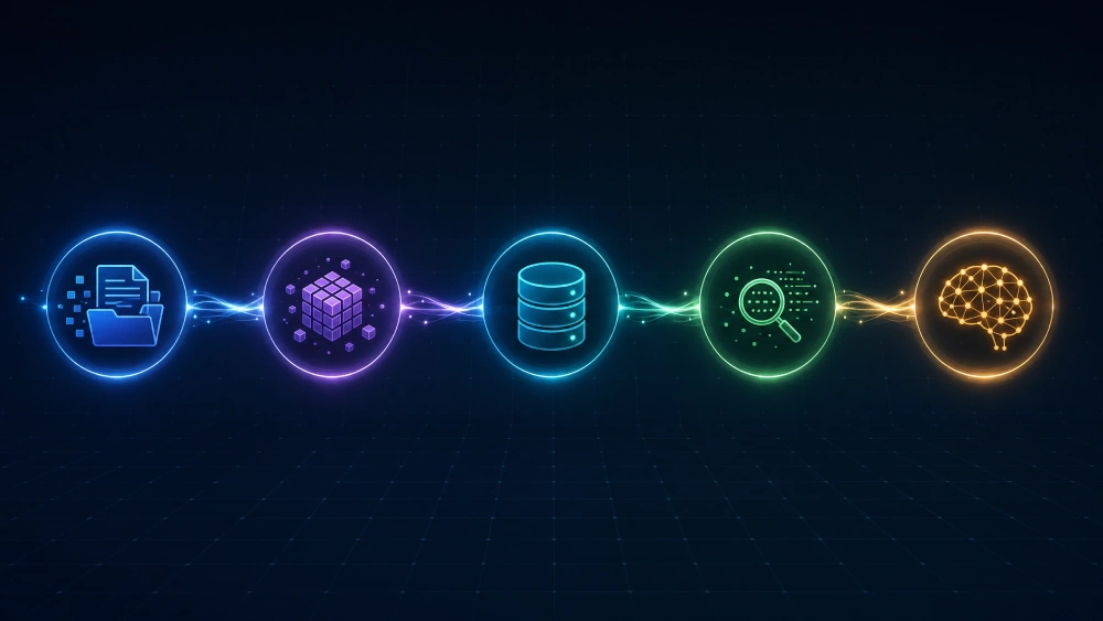 Fünfstufiger RAG-Workflow: Dokumente, Embeddings, Vektordatenbank, Retriever, Generator
