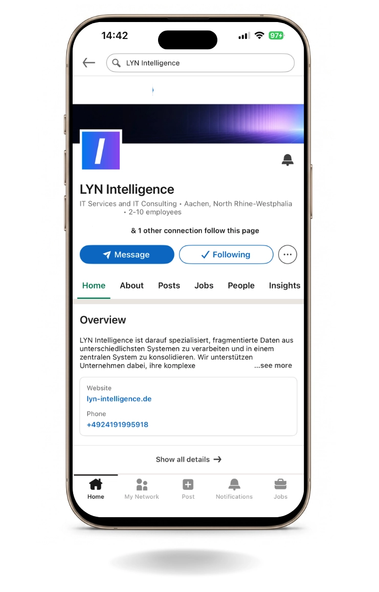 LYN Intelligence LinkedIn-Seite auf dem Smartphone